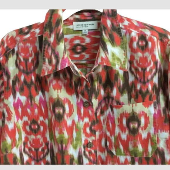 Jones New York Sport Women Size 2X Blouse Top Button Orange Green Brown Linen - Picture 3 of 7